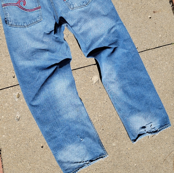 Baggy Skater Jeans BARBQ Wide Leg Medium Light Wash Red Pocket 34 x 34 BBQ - Picture 3 of 10